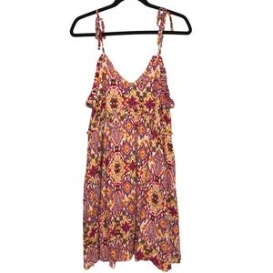 Ikat Print Mini Dress Sundress Womens M Multicolor Ruffle Summer Festival Boho